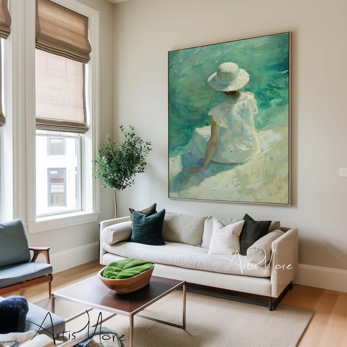 Woman White Hat Emerald Water Figure Painting Green Impressionist Wall Art - Image 2