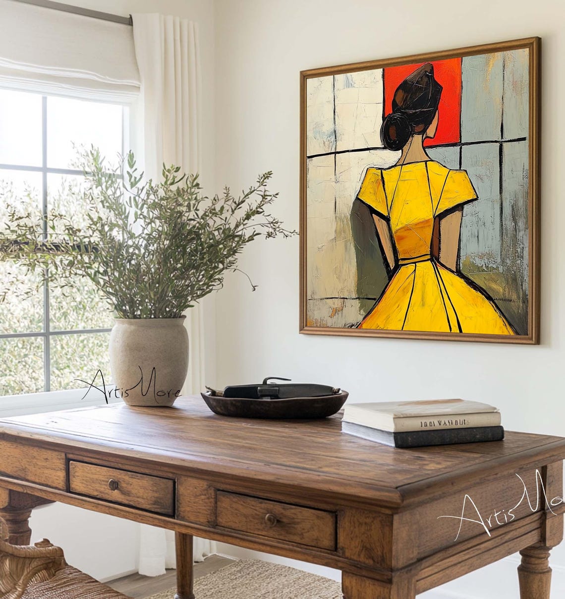 Abstract Woman Back View Yellow Dress Modern Figurative Art Poster - Image 3