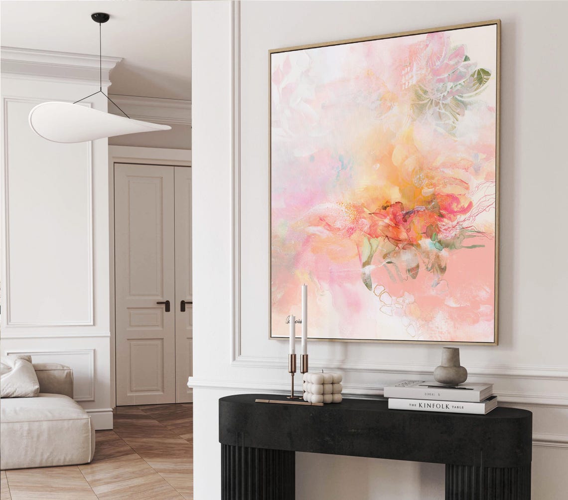 Abstract Painting Colorful Print Pastel Pink Wall Art Coral Pink Yellow Painting Extra Large Abstract Wall Art Living Room Art