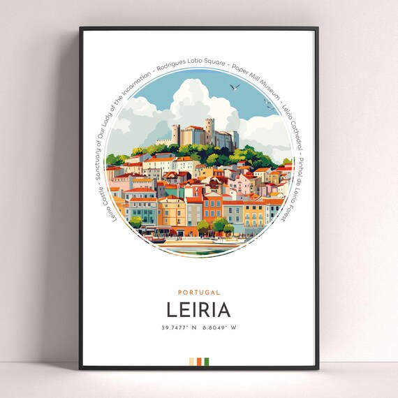 Leiria Portugal Hilltop Castle Town Skyline Vintage Travel Poster