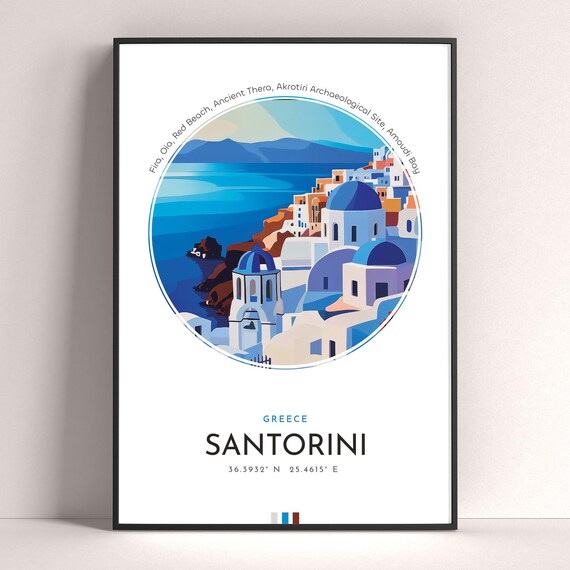 Santorini Greece Blue Domes and Caldera Village Travel Poster