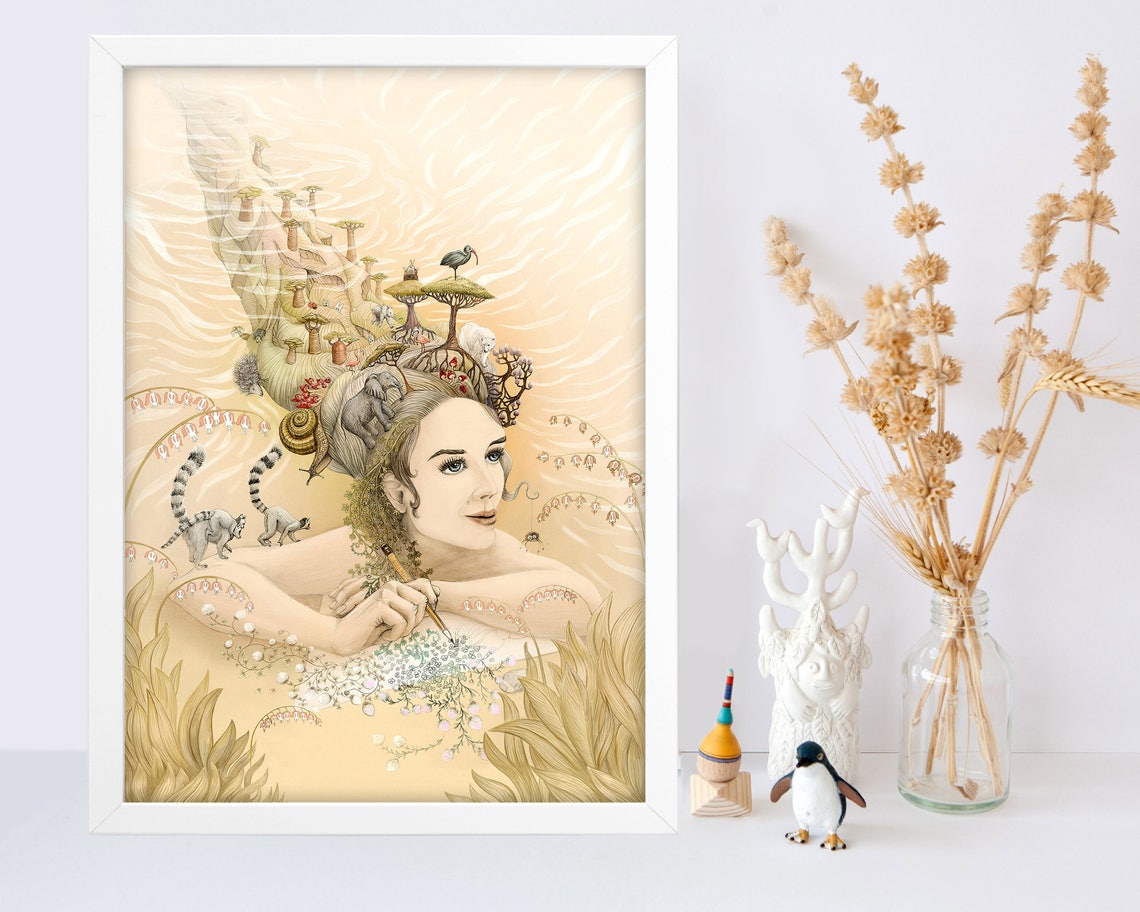 Woman Profile Crowned With African Safari Animals Dreamy Art Poster - Image 2