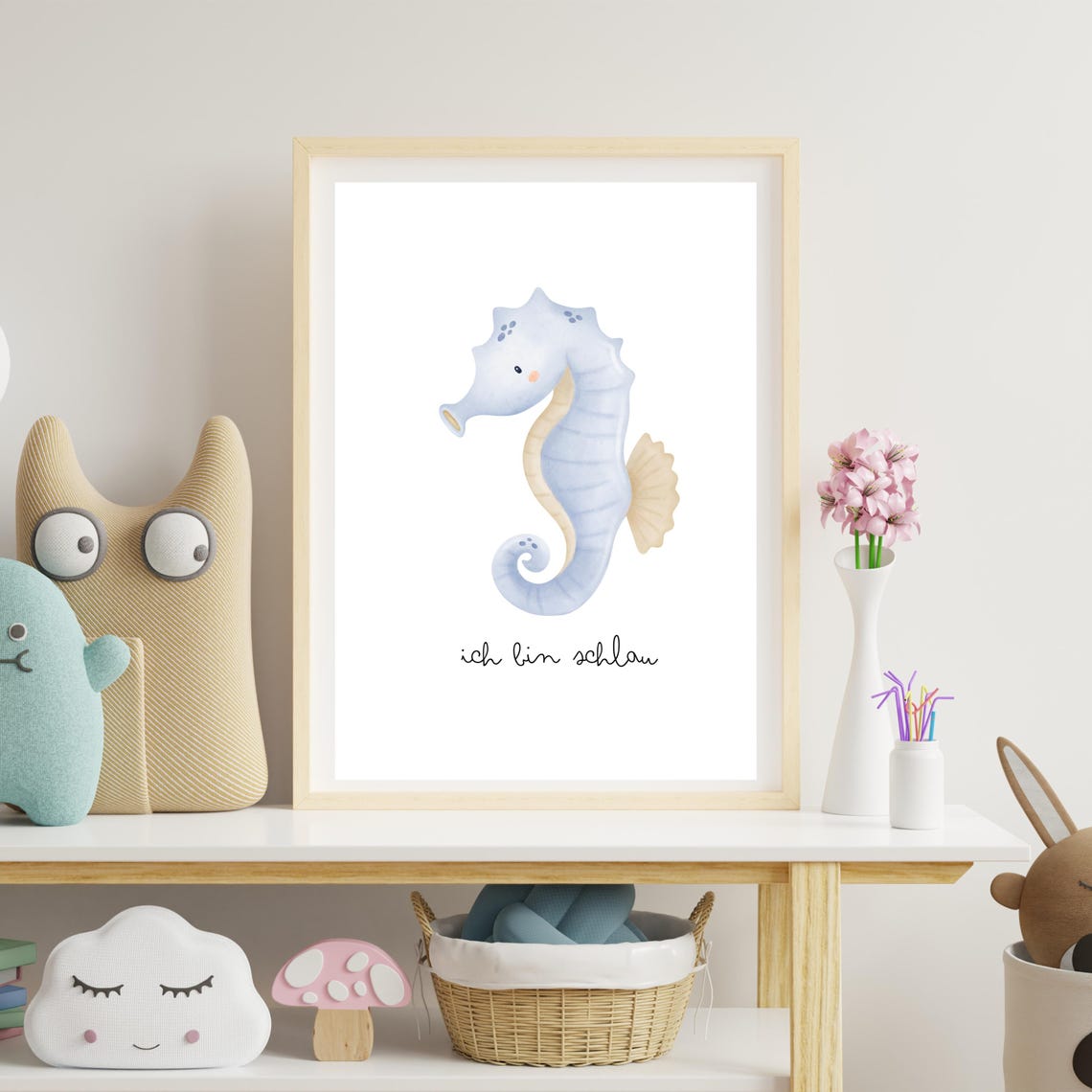 Delicate Pastel Seahorse 'I Am Smart' Affirmation Nursery Wall Poster