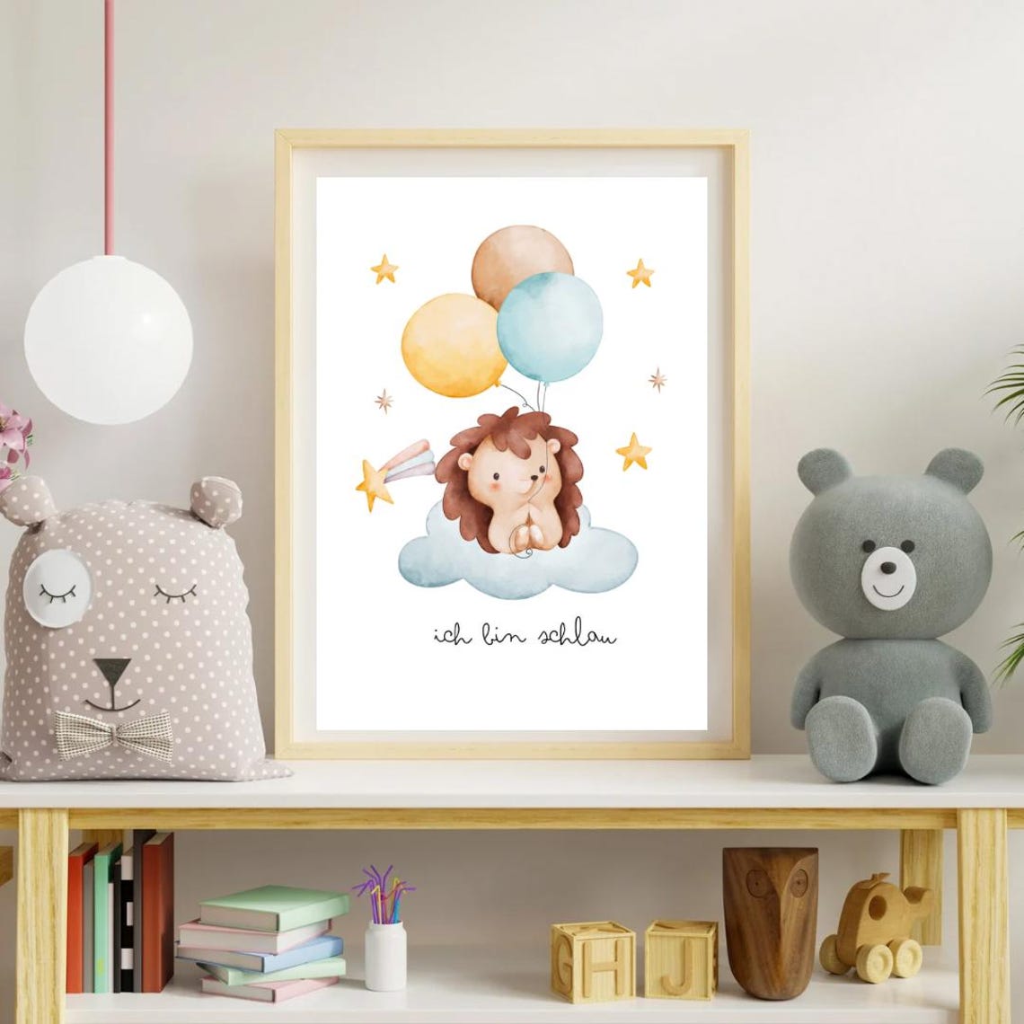 Sweet Hedgehog With Balloons On Cloud 'I Am Smart' Nursery Poster