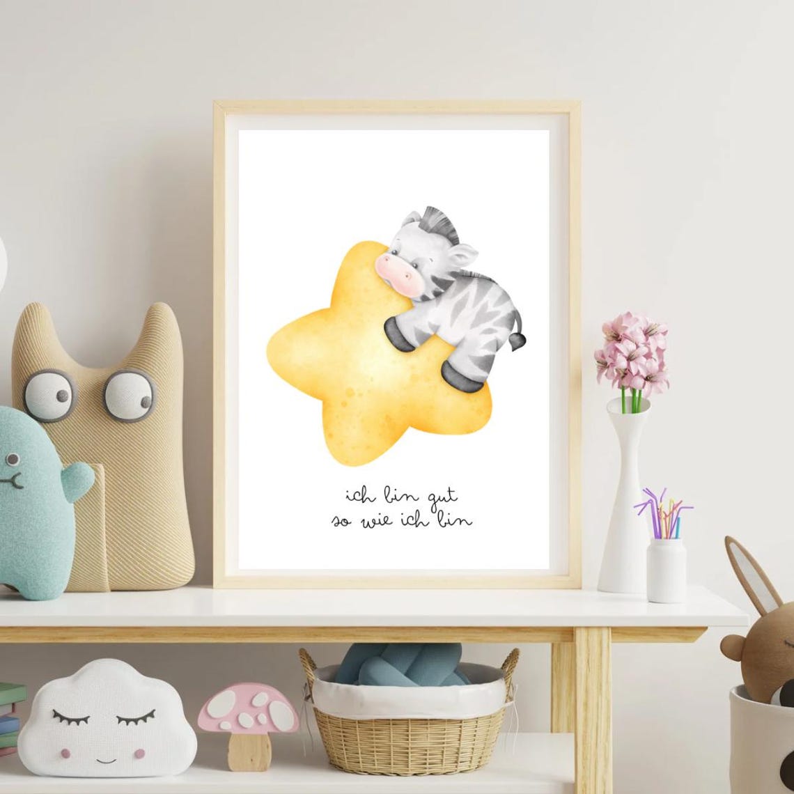 Baby Zebra Napping On Golden Star 'I Am Enough' Nursery Wall Poster
