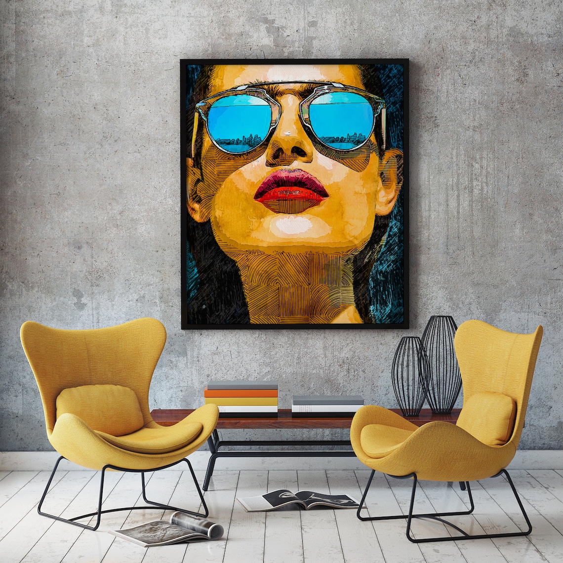 Woman In Blue Sunglasses Pop Art Portrait Bold Pink Lips Poster