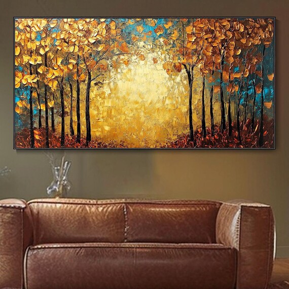 Golden Forest Tree Painting On 3d Textured Wall Art Gold Foil Painting Golden Forest Tree Painting Statement Living Room