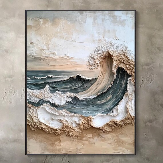 Powerful Curling Ocean Wave Dark Teal White Foam Textured Wall Art