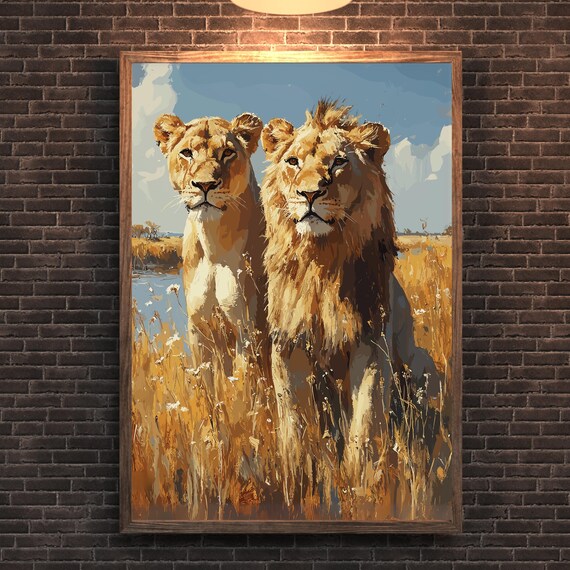 Lion And Lioness Wall Art In Savanna Print Couples Bedroom African Decor
