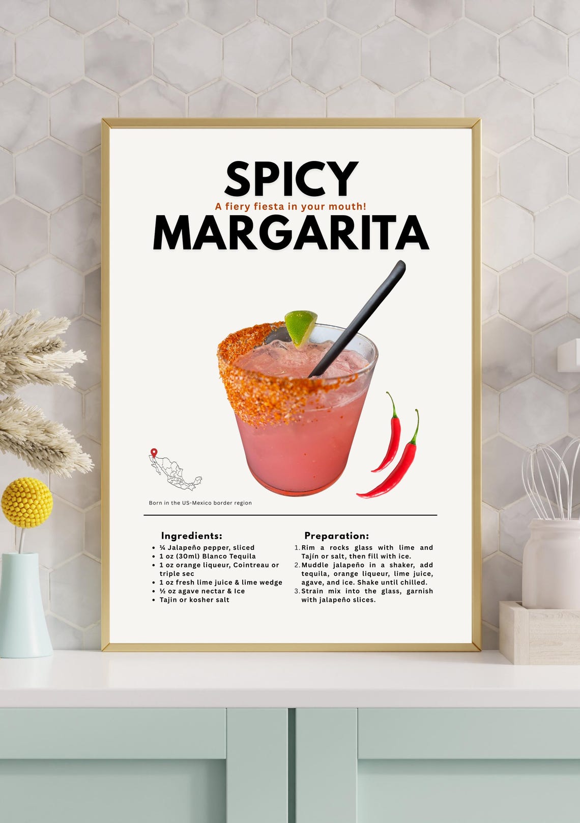 Spicy Margarita Cocktail Recipe Tajin Rim Kitchen Bar Decor Poster