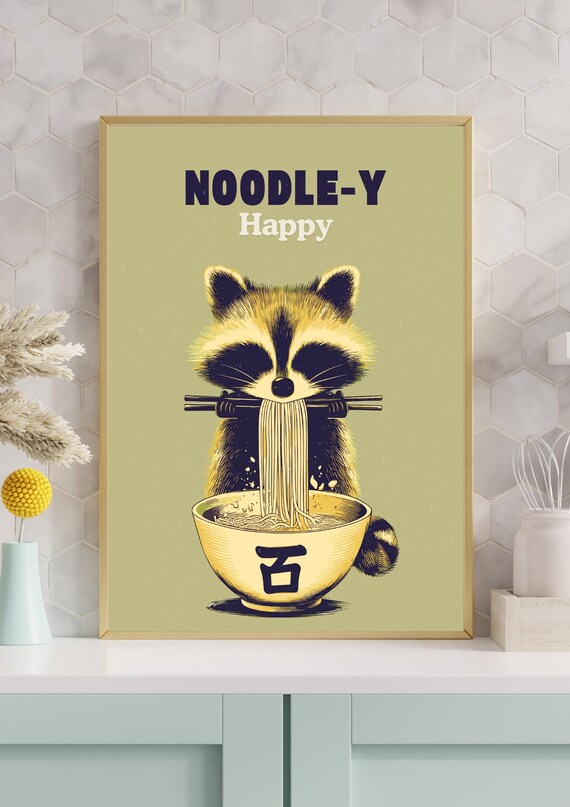 Hungry Raccoon Ramen Print Noodley Happy Poster Noodle Quirky Kitchen Funny Wall Artgift For Foodie