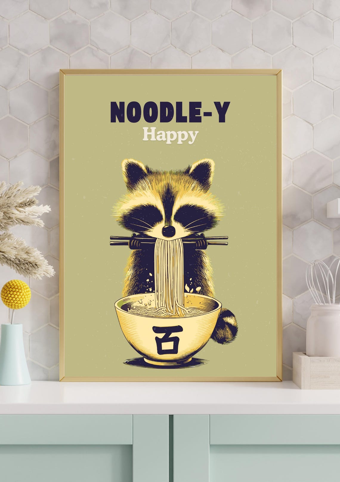 Noodle-y Happy Raccoon Eating Ramen Cute Kitchen Humor Poster