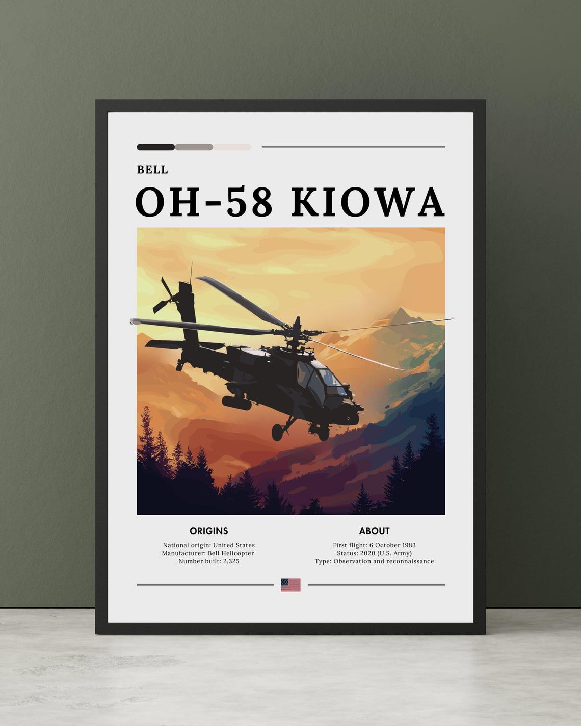 Bell OH-58 Kiowa Helicopter Mountain Sunset Aviation Spec Poster