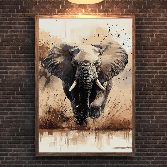 African Elephant Wall Art Running Print In The Savanna Abstract Painting Living Room Man Cave