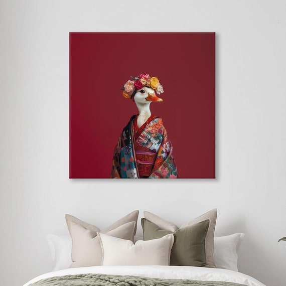 Maximalist Eclectic Duck Fashionista Print Bold Altered Animal Portrait Fantasy Fun Colorful Flowery Rustic Vintage Floral Art