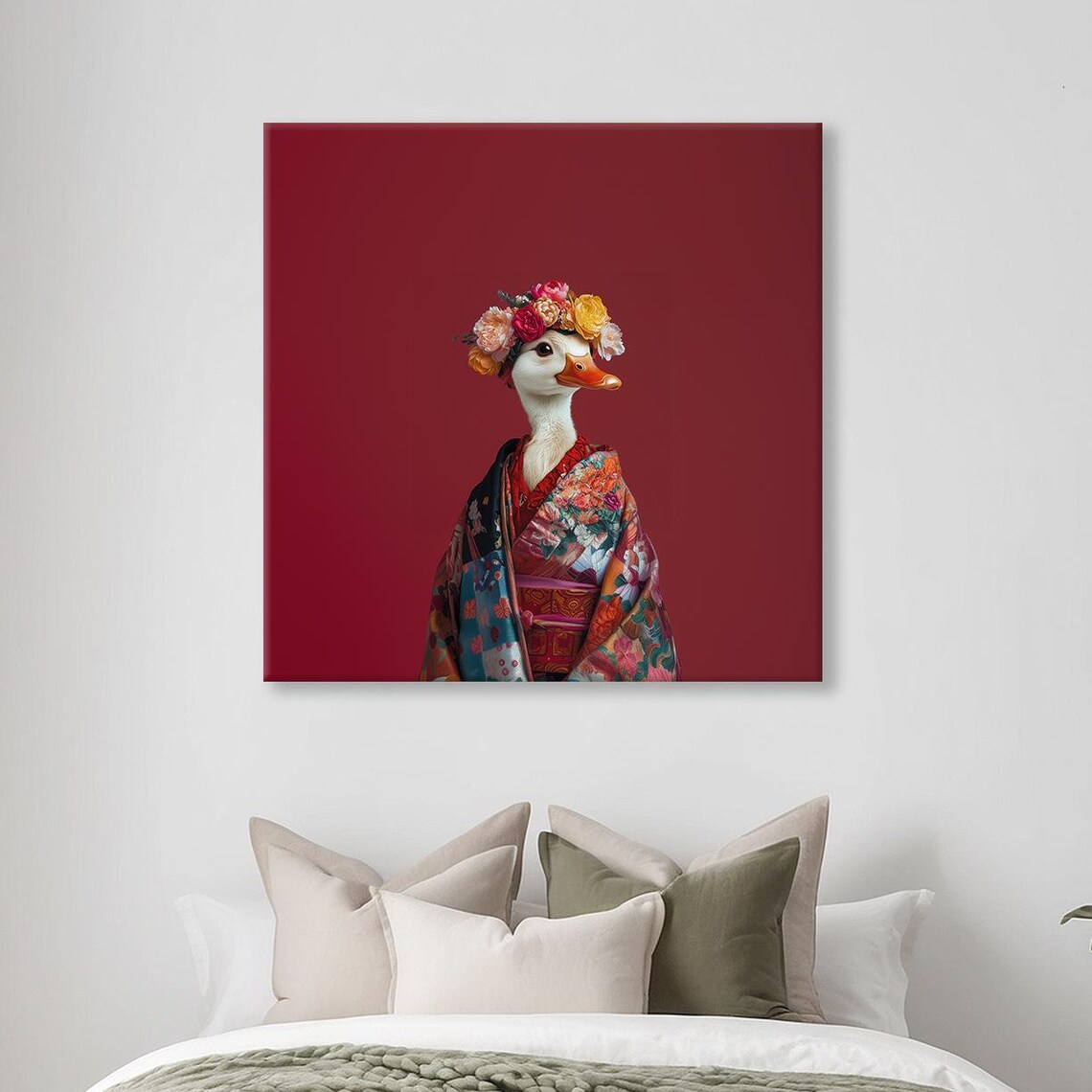 Duck Flower Crown Colorful Kimono Scarlet Maximalist Art Poster