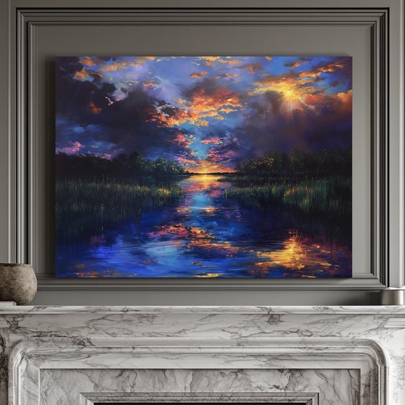 Lake Sunset Print Landscape Modern Painting Nature Calm Relaxing Wall Print Airbnb Art Wall Decor