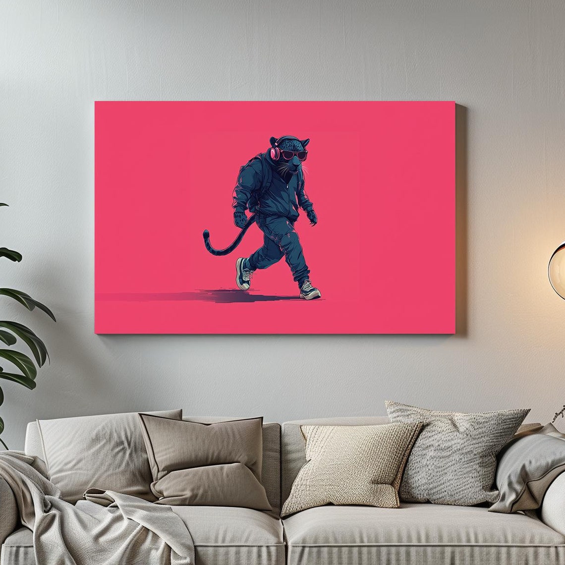 Hipster Panther Headphones Walking Neon Pink Animal Portrait Poster