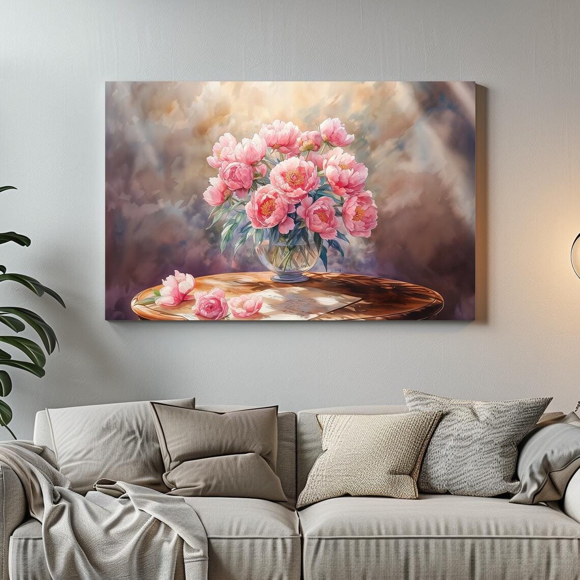 Romantic Pink Peonies in Glass Vase Watercolor Floral Poster