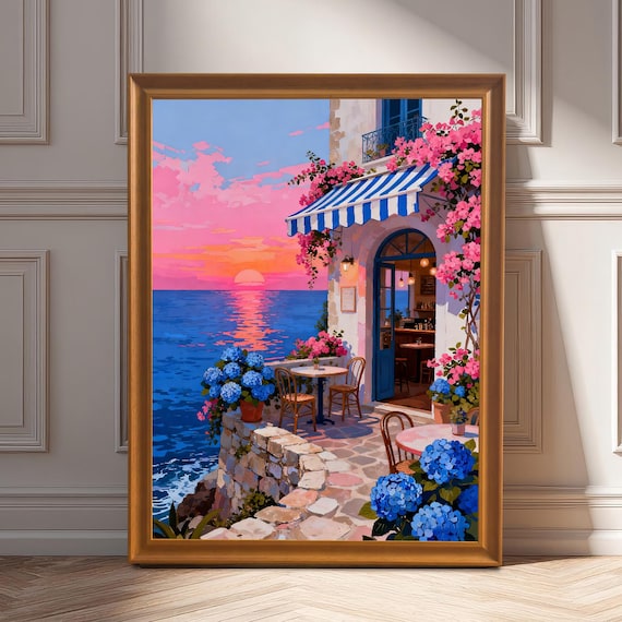 Mediterranean Seaside Cafe Sunset Bougainvillea Terrace Art Print