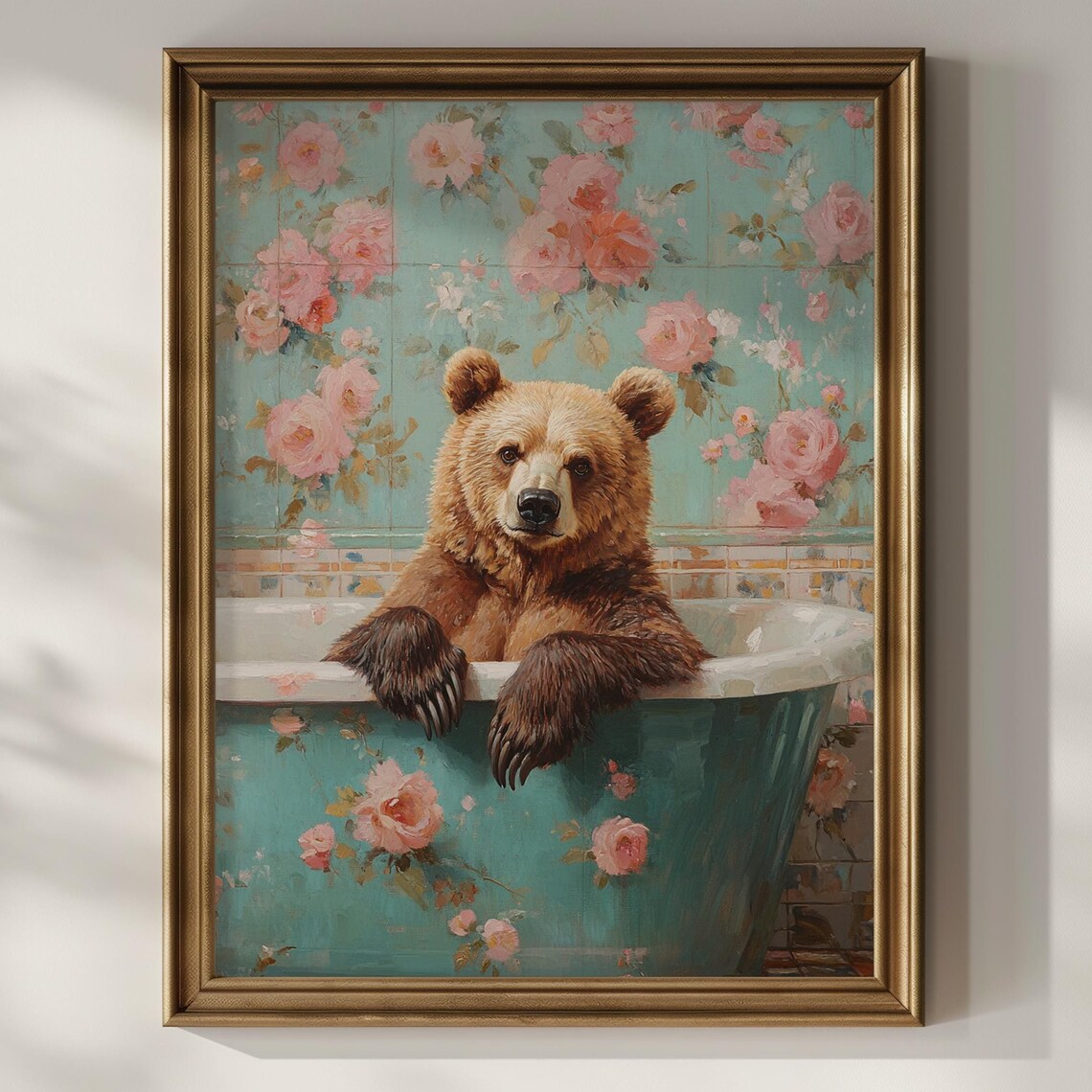 Brown Bear In Vintage Floral Bathtub Funny Romantic Bathroom Poster