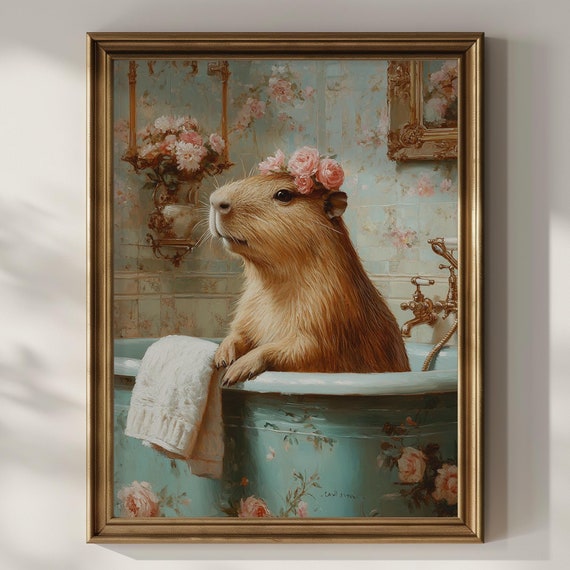 Capybara Bathroom Wall Art Funny Capybara In Bathtub Vintage Painting Floral Wall Decor Animal Lover Gift