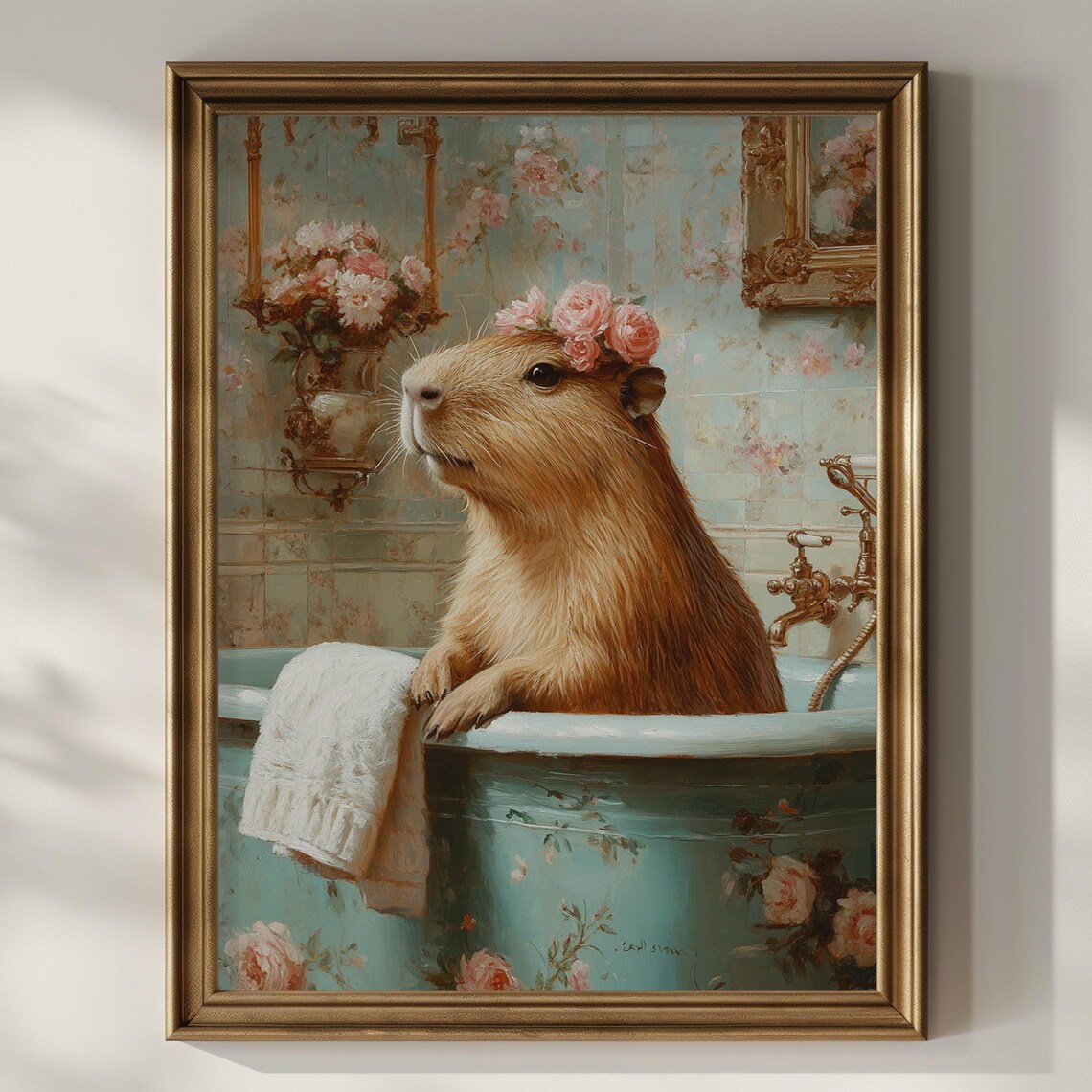 Capybara With Pink Flower Crown In Bubble Bath Romantic Poster