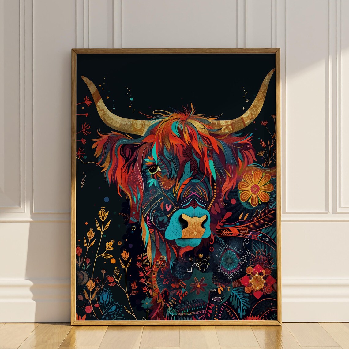 Highland Cow Colorful Folk Art Floral Night Portrait Wall Poster