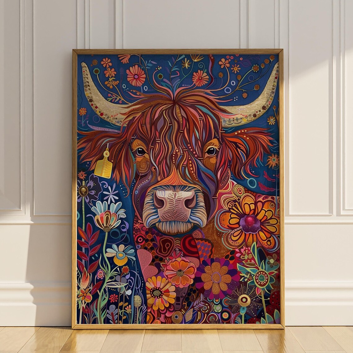 Colorful Folk Art Highland Cow With Flowers on Deep Blue Poster