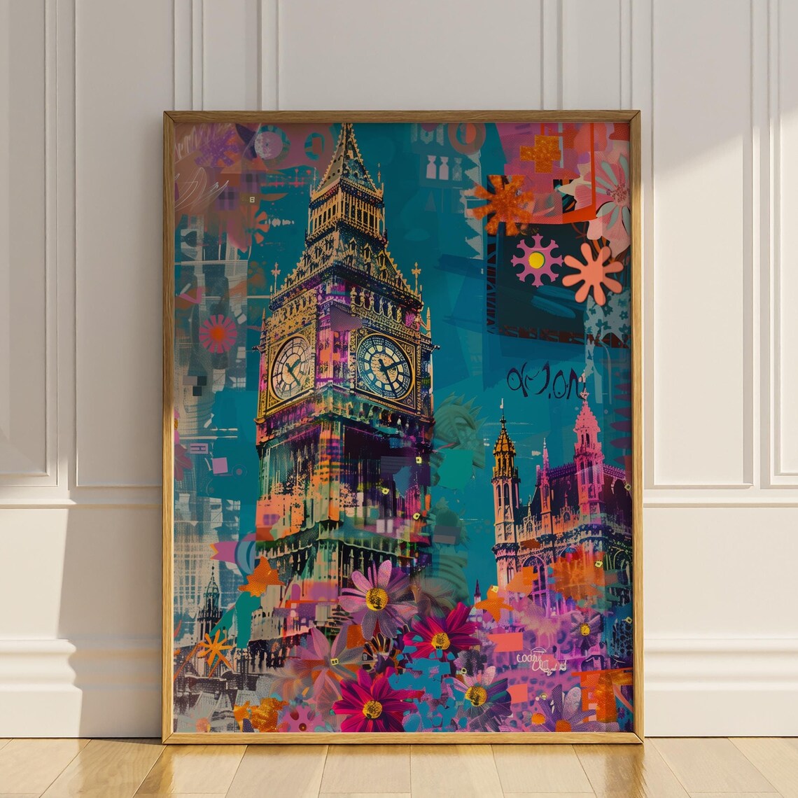 Big Ben London Colorful Pop Art Collage with Bright Flowers Poster