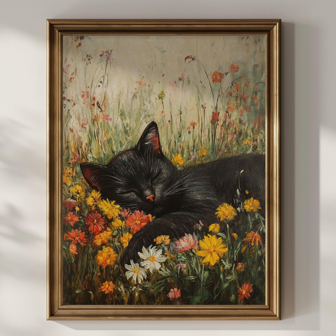Black Cat Sleeping in a Field of Wildflowers Vintage Art Poster
