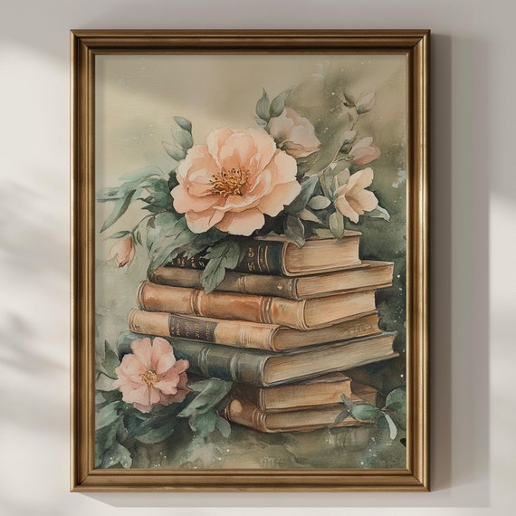 Vintage Books Wall Art Floral Wall Decor Dark Academia Watercolor Painting Soft Muted Library Book Lover Gifts