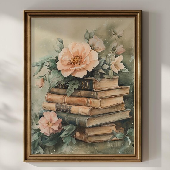Watercolor Vintage Book Stack With Pink Peonies Romantic Floral Poster