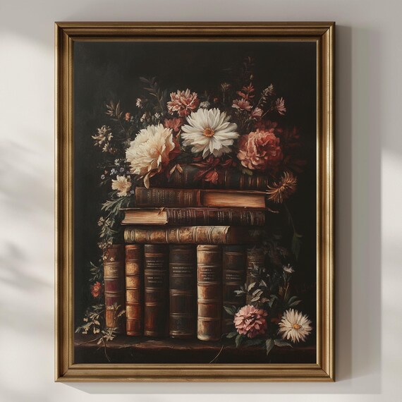 Vintage Books with a Rose Bouquet Still Life Dark Academia Poster