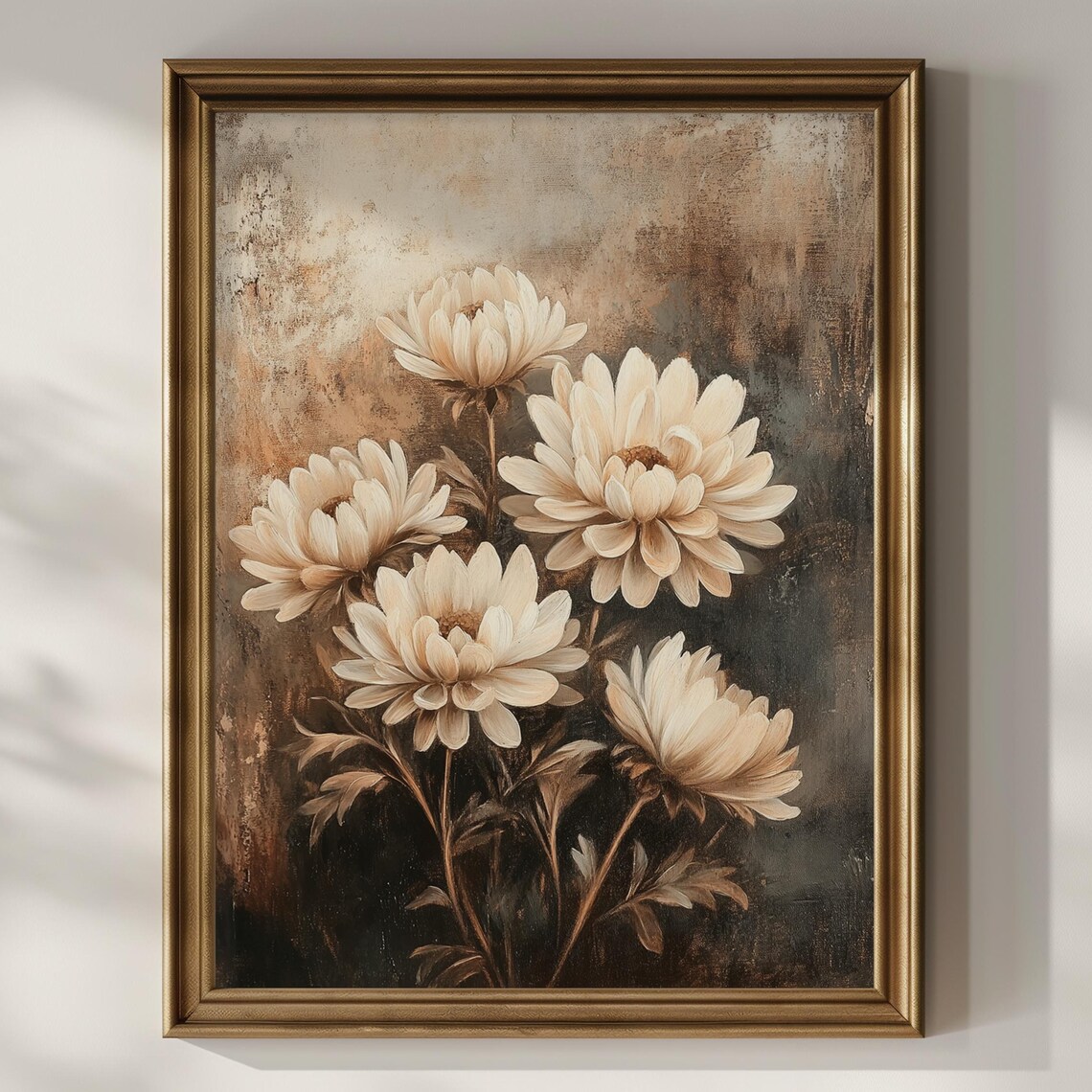 Ivory Chrysanthemum Blooms Moody Vintage Dark Floral Oil Painting Poster