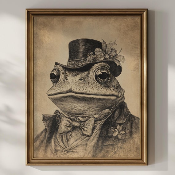 Vintage Toad Wall Art Funny Victorian Frog Wearing Cylinder Wall Art Vintage Oil Painting Frog Lover Gifts