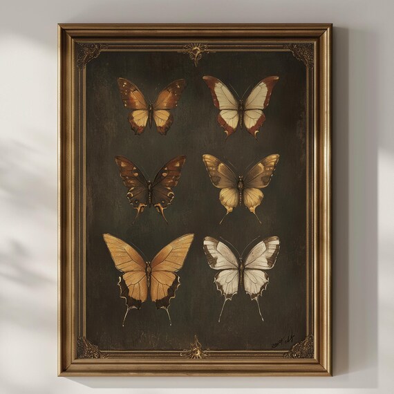 Six Butterflies Vintage Specimen Chart Warm Tones Entomology Art Poster