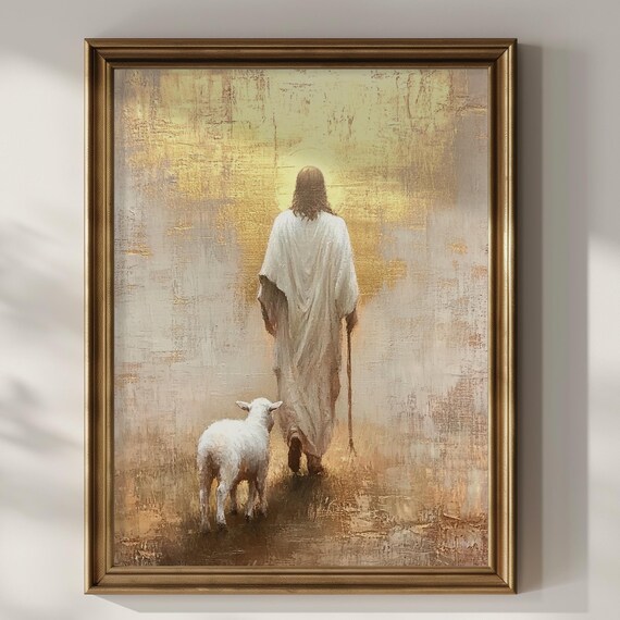 Jesus Walking with Little Lamb toward Glowing Golden Horizon Art Poster