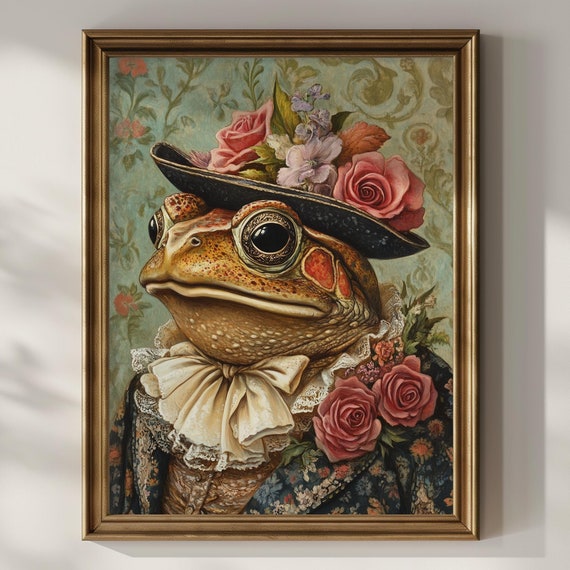 Madame Toad Wall Art Funny Victorian Frog Cylinder Hat Floral Wall Decor Vintage Oil Wildflower Painting Gift