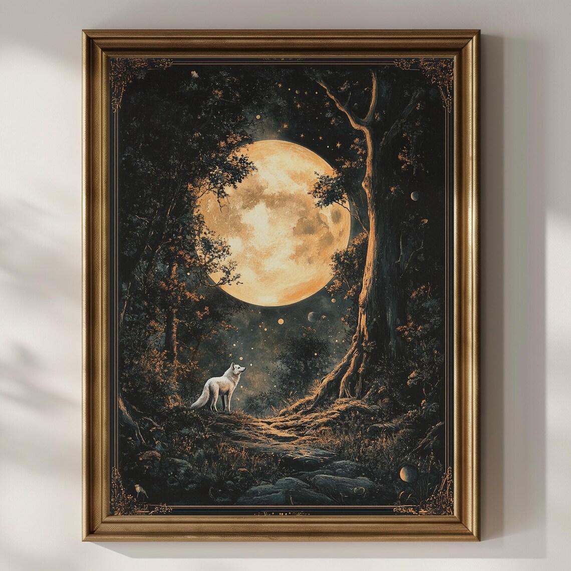 White Wolf Poster Print, Celestial Floral Deco Art
