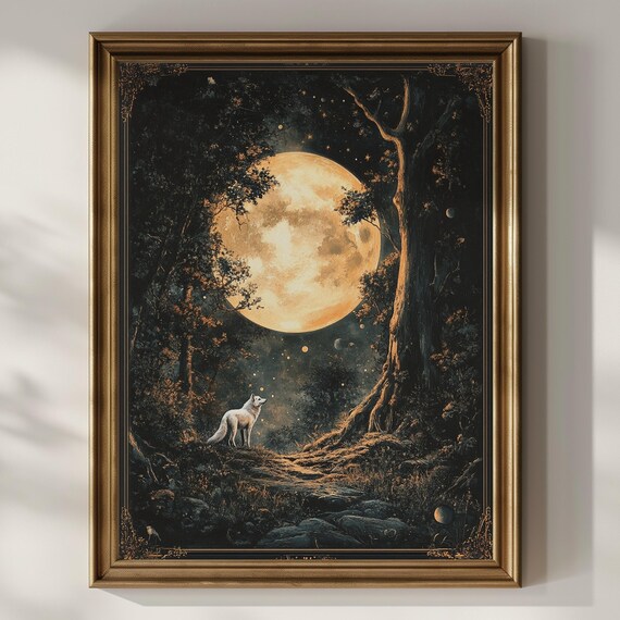 White Wolf Poster Print, Celestial Floral Deco Art