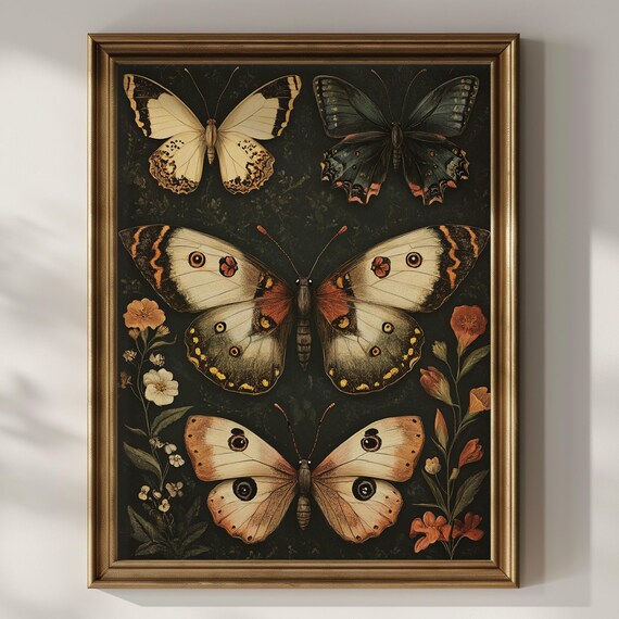 Four Butterflies With Wildflowers Dark Botanical Moody Vintage Poster