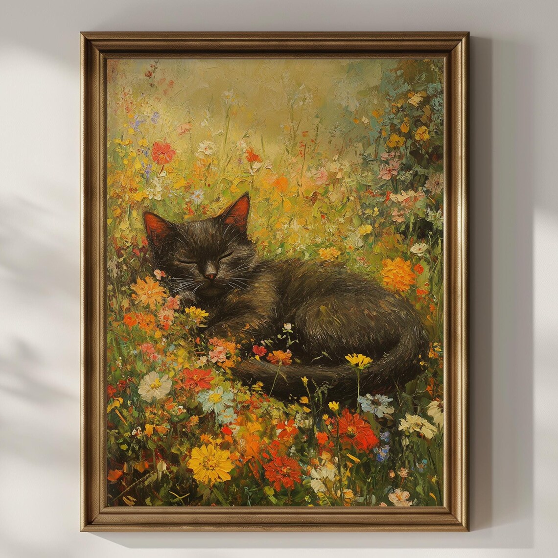 Black Cat Sleeping in Wildflowers, Vintage Poster
