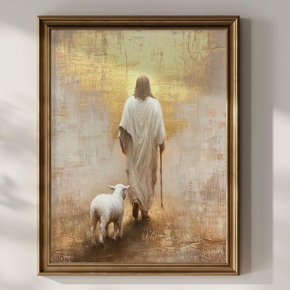 Jesus Christ White Robe Walking with Lamb Golden Faith Painting Poster