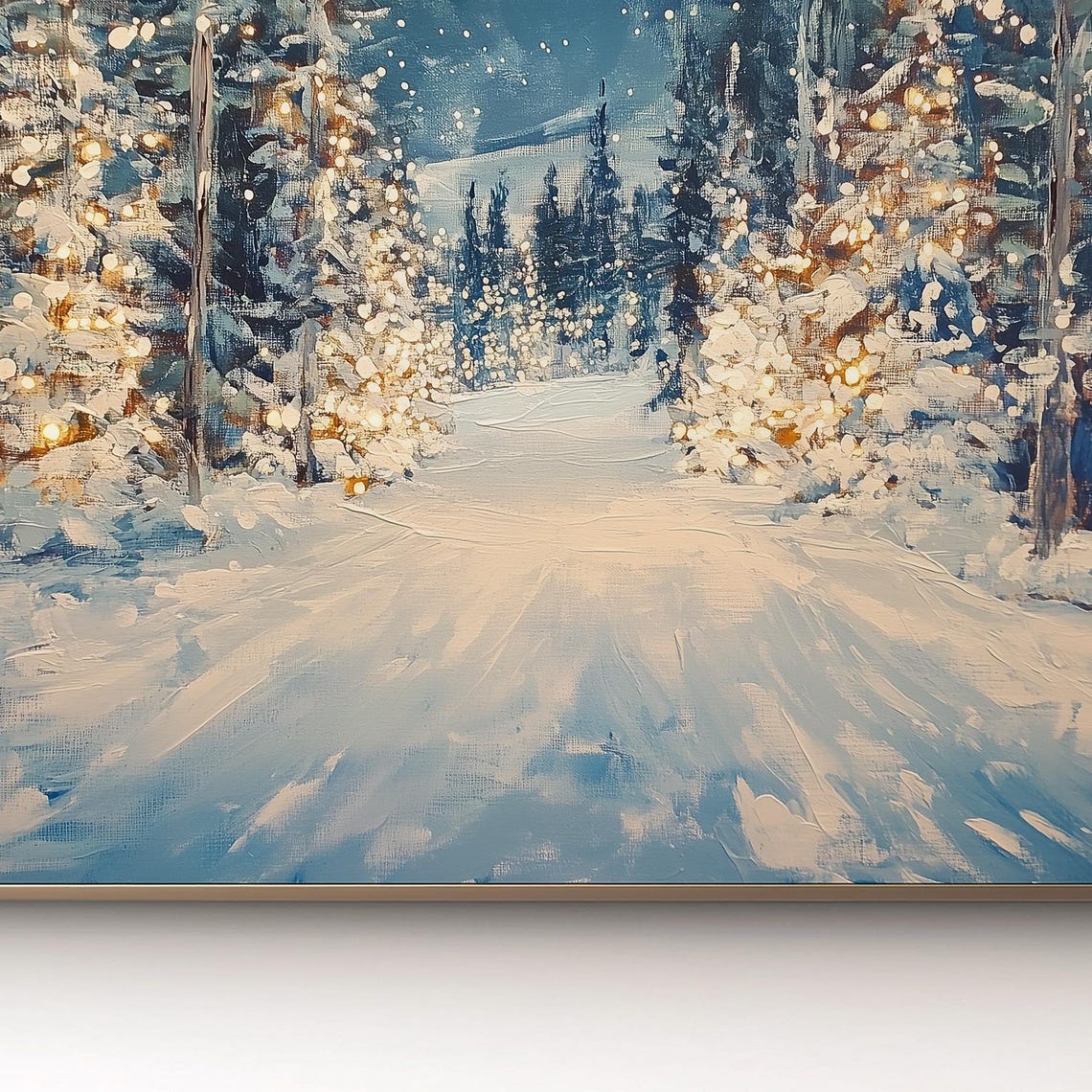 Snowy Winter Forest Path Twinkling Lights Starry Night Poster - Image 3
