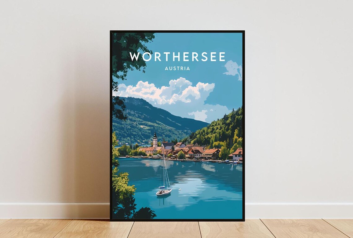 Worthersee Austria Alpine Lake Sailboat Village Travel Poster