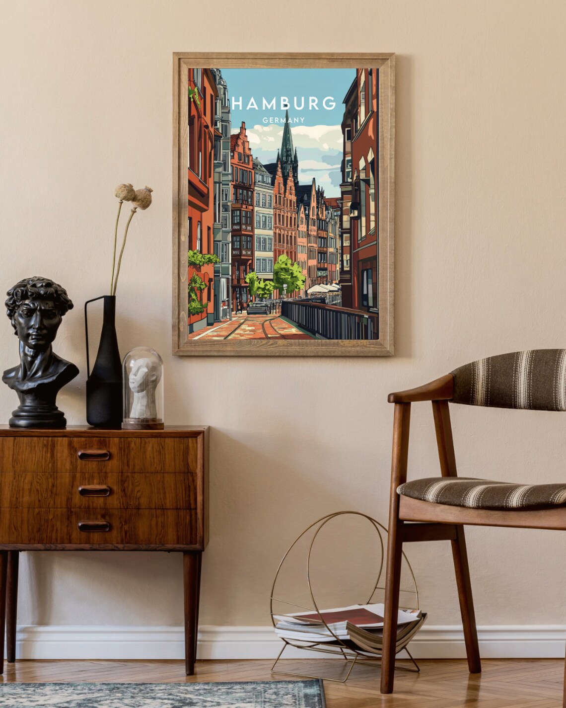 Hamburg Germany Historic Canal Street Church Spire Vintage Poster - Image 2