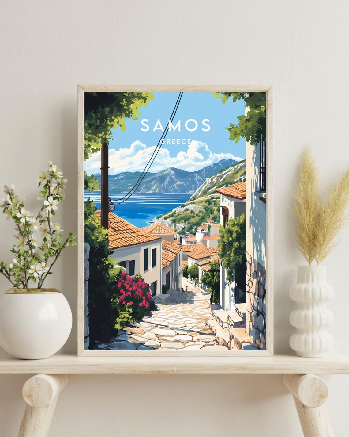 Samos Greece Hillside Town Terracotta Roofs Seaside Travel Poster - Image 4