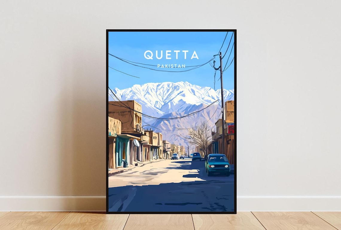 Quetta Pakistan Mountain Street Snowy Peaks Vintage Travel Poster