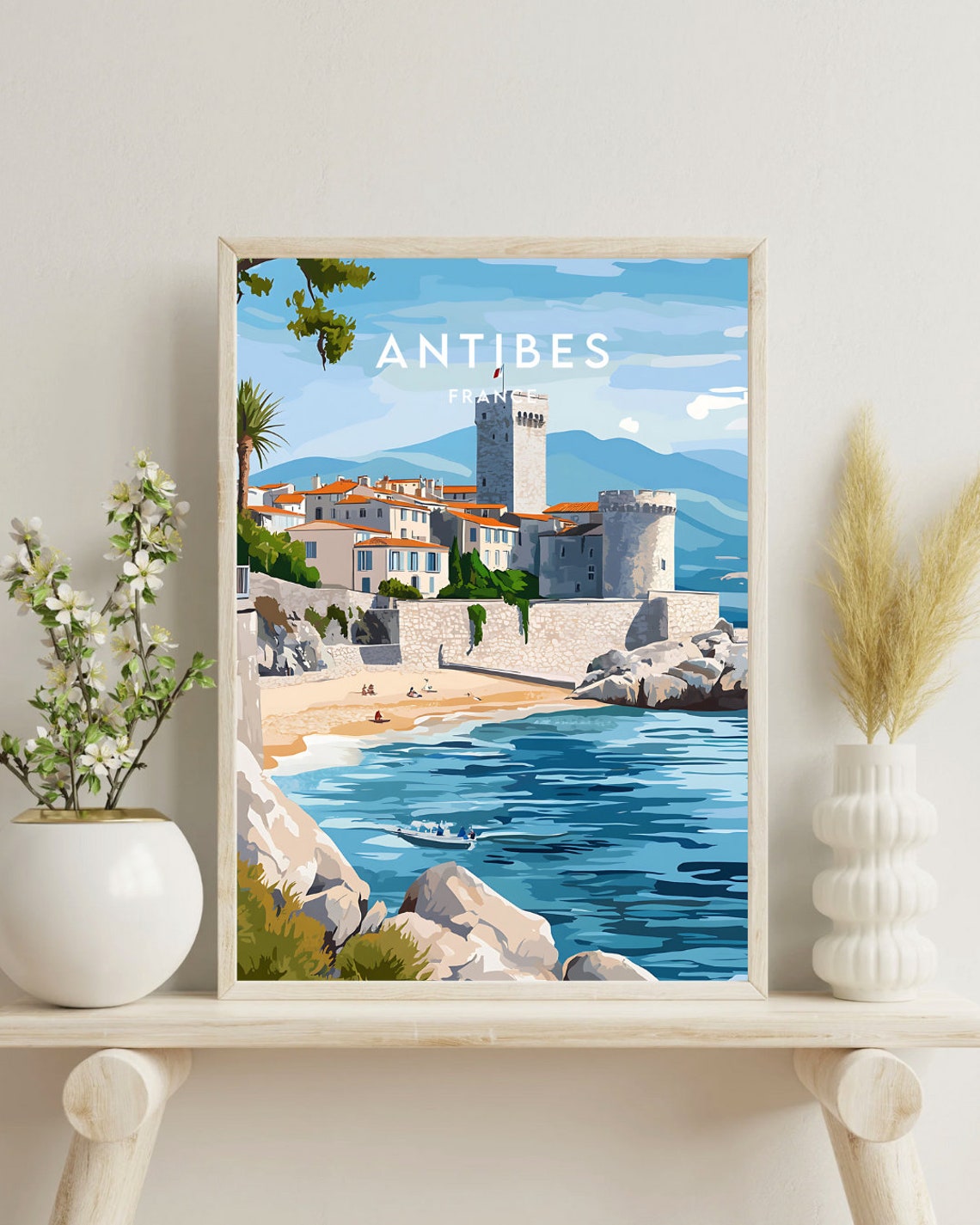 Antibes France Sandy Beach Stone Fort Tower Riviera Travel Poster - Image 4